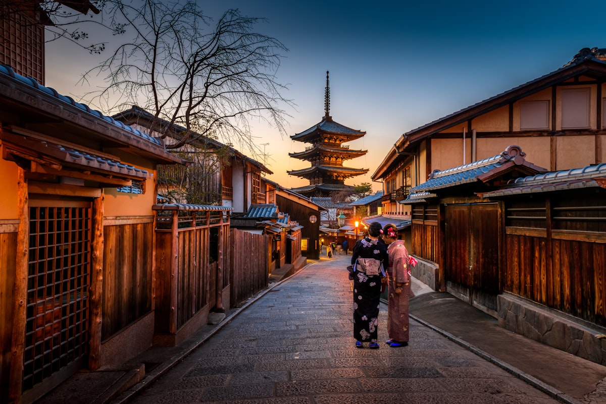 Sunset over a temple street in Kyoto, Japan